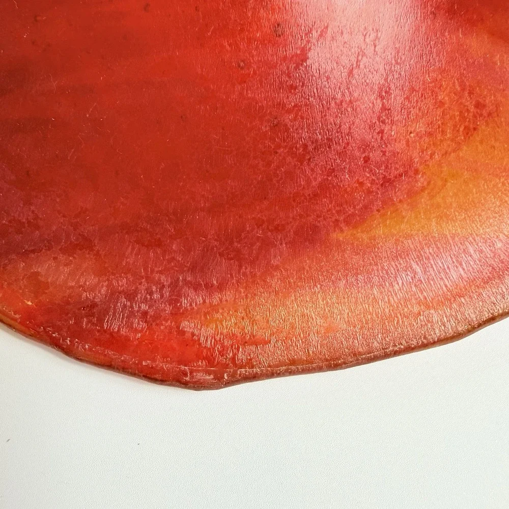 Vintage Red Orange Fused Art Glass Bowl Iridescent Abstract Line Dish